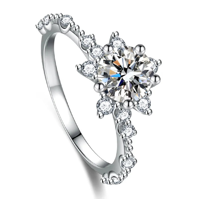 Real Moissanite  Sun Flower Ring 1 Carat Diamond Lotus Ring Women Fancy Wedding Bridal Rings Sterling Silver Jewelry Include Box