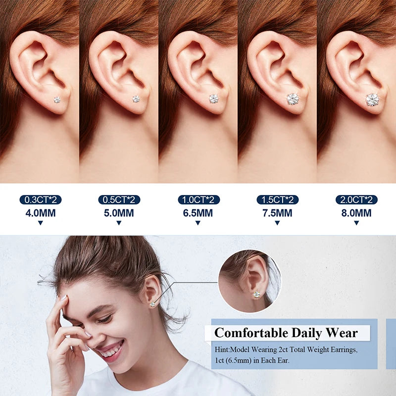 TUHE Moissanite Stud Earrings For Women Men 0.2-8 Carats Lab Created Diamond Screw Back Moissanite Earrings Silver Gift