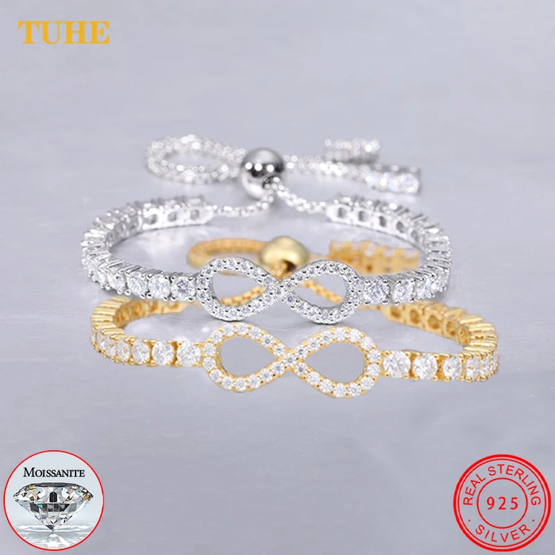 New 3mm Moissanite GRA  Infinity Tennis Bracelet for Women S925 Sterling Silver Adjustable Bracelets Wedding Party Jewelry Gifts