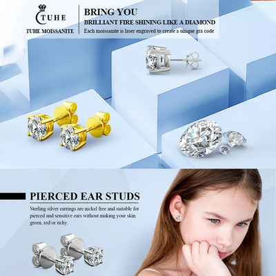 TUHE Moissanite Stud Earrings For Women Men 0.2-8 Carats Lab Created Diamond Screw Back Moissanite Earrings Silver Gift