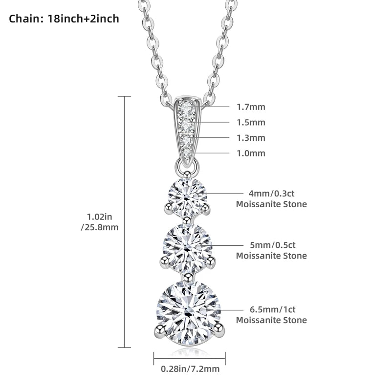 Moissanite Three stone Pendant necklace for Women 925 Sterling Silver Round Cut Adjustable Clavicle Chain Necklace Jewelry Gift