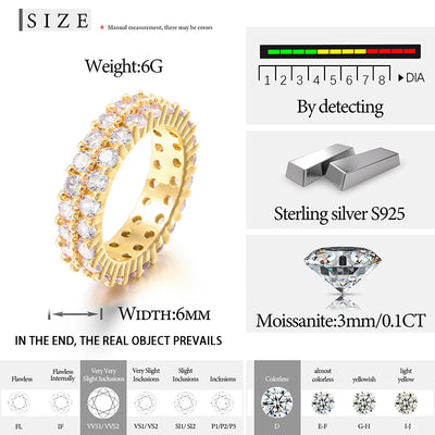 Top Quality 2 Rows 3mm VVS1 Moissanite Rings For Men Hip Hop Jewelry 925 Silver HipHop/Rock Bling Ring Gift