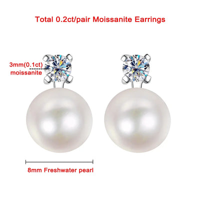 8mm Freshwater Pearl Pendant 0.2/0.9ct Moissanite Jewelry Sets D Color Wedding Jewelry S925 Silver Necklaces Earrings For Women