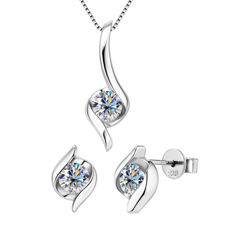Gold Plated Silver 925 Real Moissanite Jewelry Set for Women 2.0ctw D Color Lab Diamond Stud Earrings Pendant Necklace Sets Gift