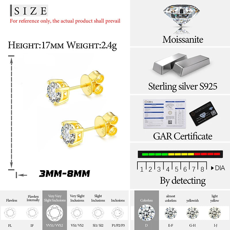 TUHE Moissanite Stud Earrings For Women Men 0.2-8 Carats Lab Created Diamond Screw Back Moissanite Earrings Silver Gift