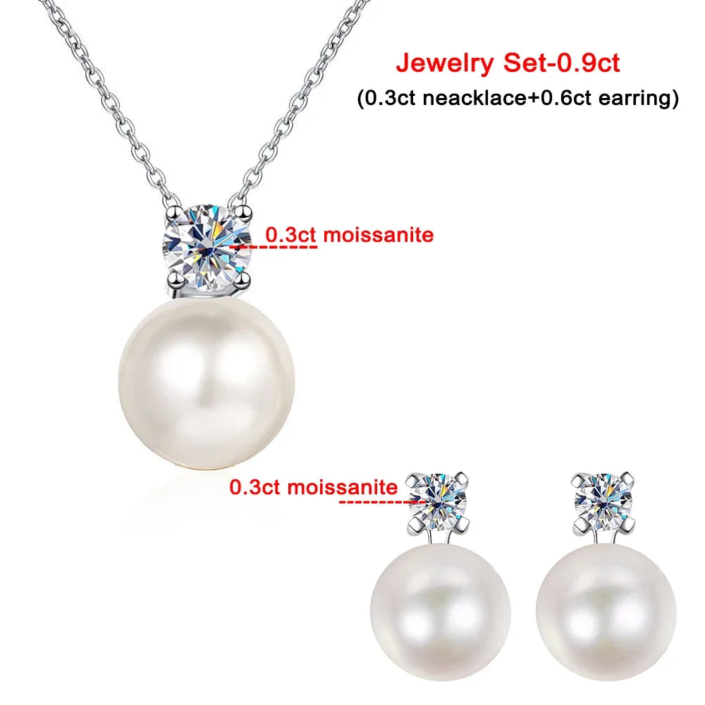 8mm Freshwater Pearl Pendant 0.2/0.9ct Moissanite Jewelry Sets D Color Wedding Jewelry S925 Silver Necklaces Earrings For Women