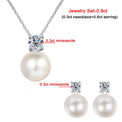 8mm Freshwater Pearl Pendant 0.2/0.9ct Moissanite Jewelry Sets D Color Wedding Jewelry S925 Silver Necklaces Earrings For Women