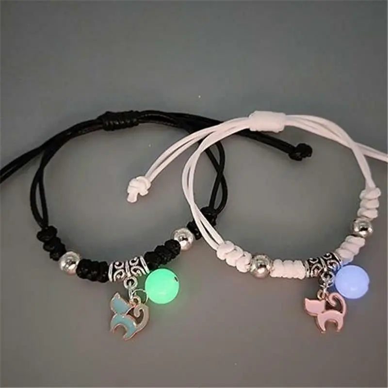 Fashion Luminous Beads Star Couple Bracelets For Women Men Charm Cat Flower Heart Key Lock Cross Matching Bracelets Bff Jewelry