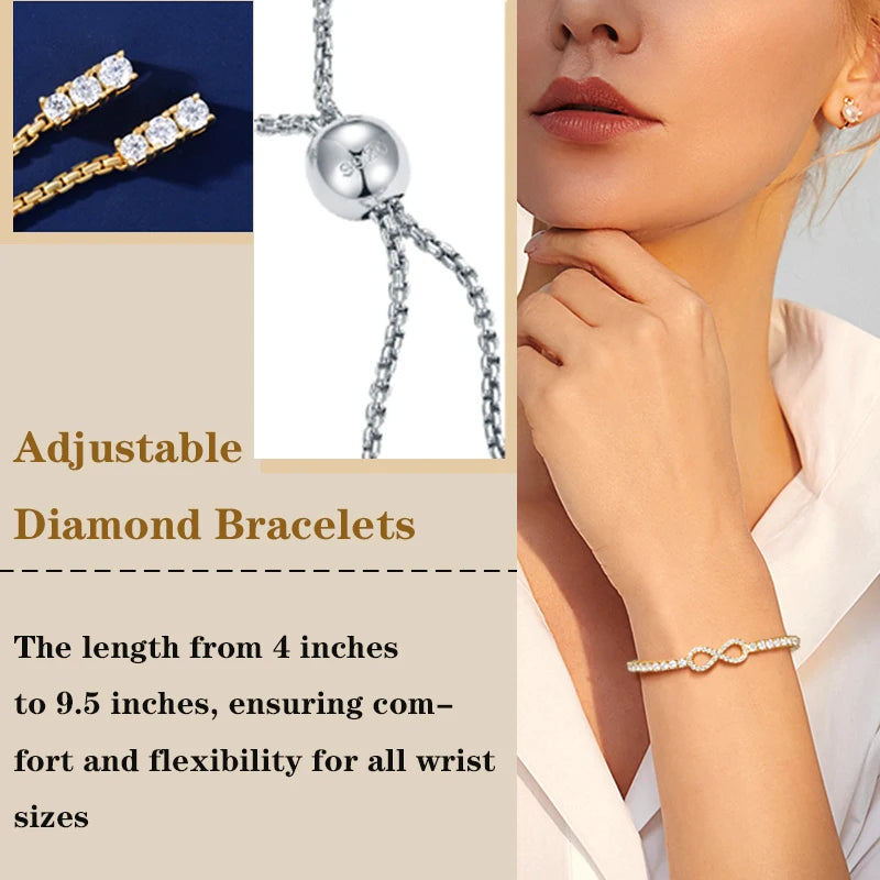 New 3mm Moissanite GRA  Infinity Tennis Bracelet for Women S925 Sterling Silver Adjustable Bracelets Wedding Party Jewelry Gifts