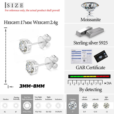 TUHE Moissanite Stud Earrings For Women Men 0.2-8 Carats Lab Created Diamond Screw Back Moissanite Earrings Silver Gift