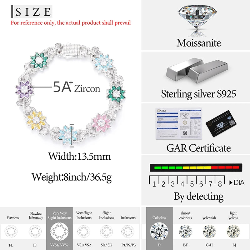 New Arrival Iced Out Moissanite Chains Necklace For Man Women Hip Hop S925 Silver Jewelry Colorful Flower Bracelets 18k Plated