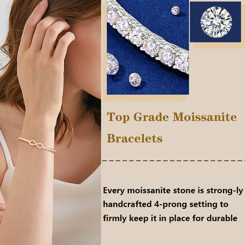 New 3mm Moissanite GRA  Infinity Tennis Bracelet for Women S925 Sterling Silver Adjustable Bracelets Wedding Party Jewelry Gifts