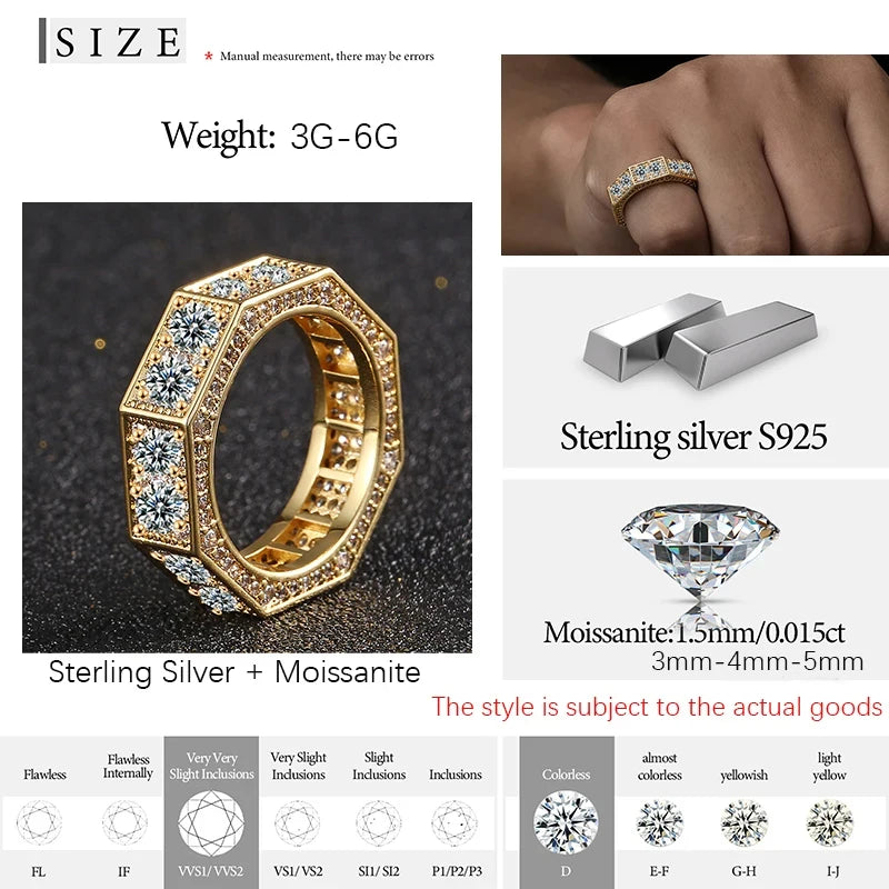 New Screw Ring Moissanite For Men Hip Hop Jewelry Sterling Silver 925 Rings Hip Hop/Rock Bling Gold Plated 18K