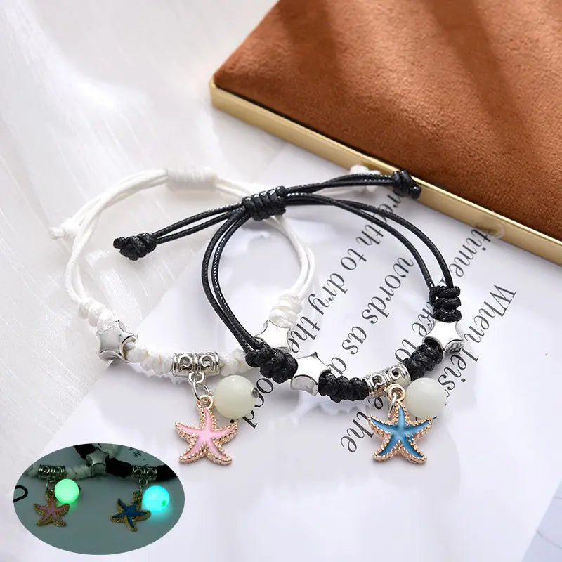 Fashion Luminous Beads Star Couple Bracelets For Women Men Charm Cat Flower Heart Key Lock Cross Matching Bracelets Bff Jewelry