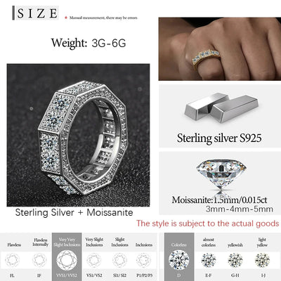 New Screw Ring Moissanite For Men Hip Hop Jewelry Sterling Silver 925 Rings Hip Hop/Rock Bling Gold Plated 18K