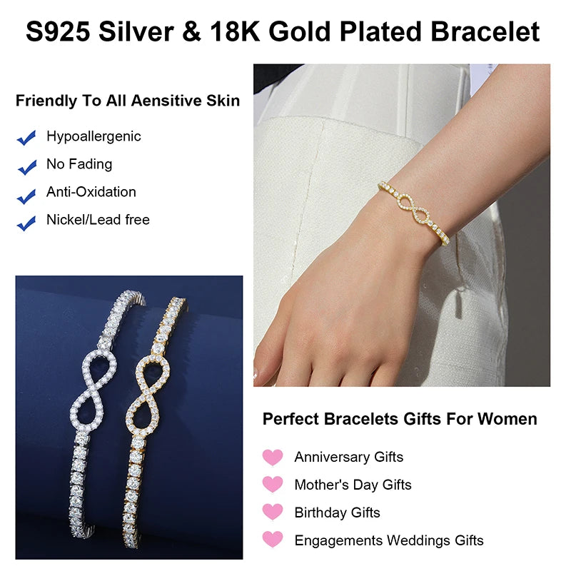 New 3mm Moissanite GRA  Infinity Tennis Bracelet for Women S925 Sterling Silver Adjustable Bracelets Wedding Party Jewelry Gifts