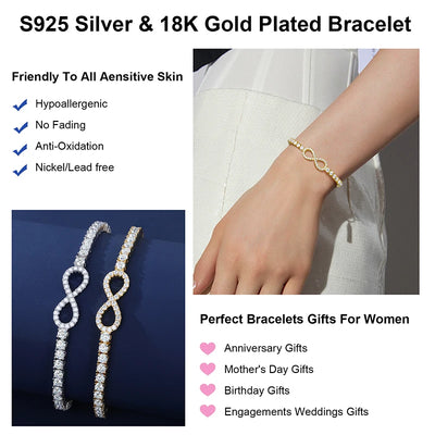 New 3mm Moissanite GRA  Infinity Tennis Bracelet for Women S925 Sterling Silver Adjustable Bracelets Wedding Party Jewelry Gifts