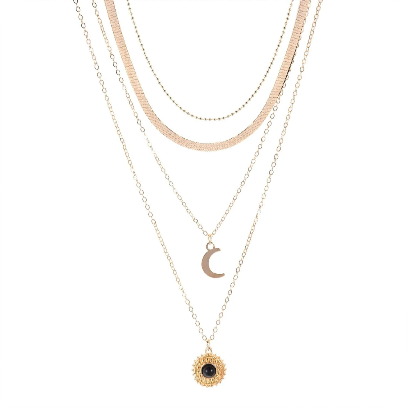Elegant and modern gold pendant necklace featuring stylish multi moon accents, delicate silver choker necklace. Perfect gift jew