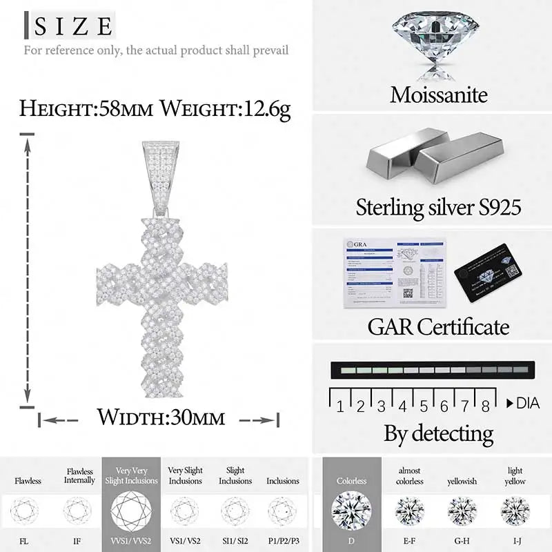 High Quality Unisex Classic Cross 14mm Cuban Link Necklace Men Mossanite Sterling Silver 925 Chains Necklaces Hip Hop Jewelry