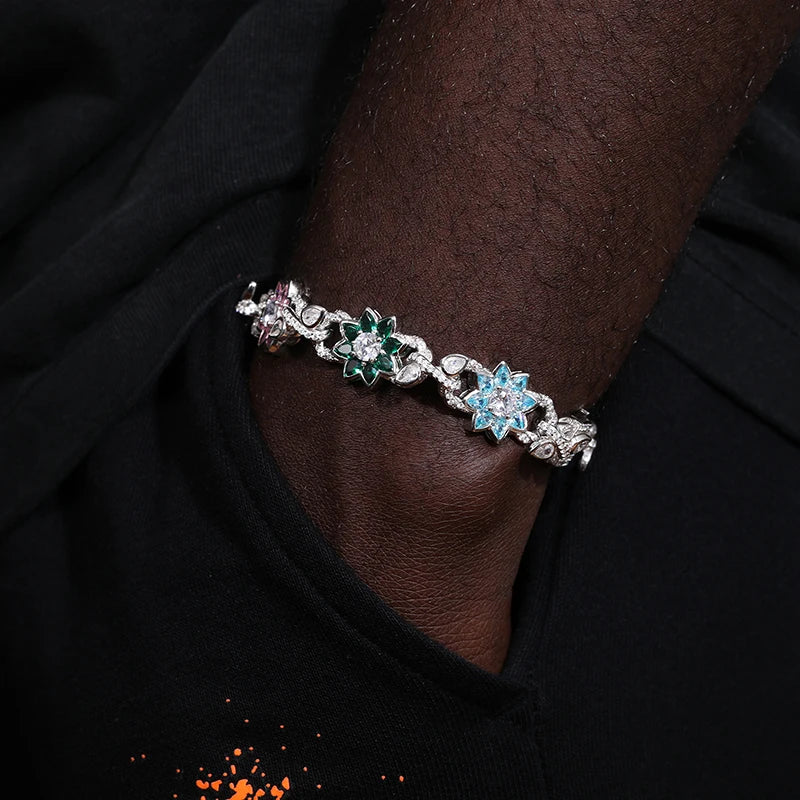 New Arrival Iced Out Moissanite Chains Necklace For Man Women Hip Hop S925 Silver Jewelry Colorful Flower Bracelets 18k Plated