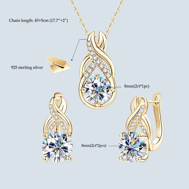 Anziw 8mm 2.0CT D Moissanite Jewelry Sets 925 Sterling Silver Luxury Infinity Necklace Earrings for Women Wedding Party Jewelry