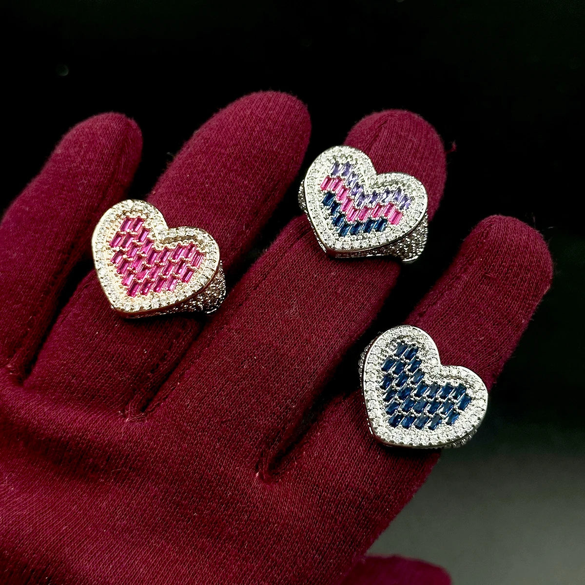 Aokaishen New Baguette Heart Ring for Women Pink Stones Glossy Girls Rose Gold Plated Hip Hop Jewelry