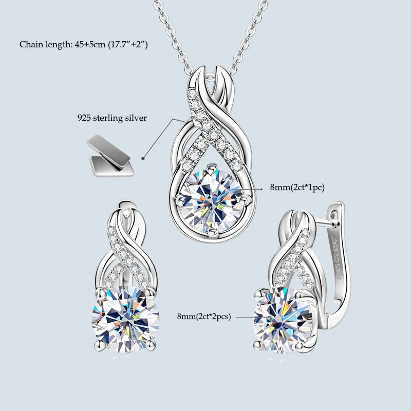 Anziw 8mm 2.0CT D Moissanite Jewelry Sets 925 Sterling Silver Luxury Infinity Necklace Earrings for Women Wedding Party Jewelry