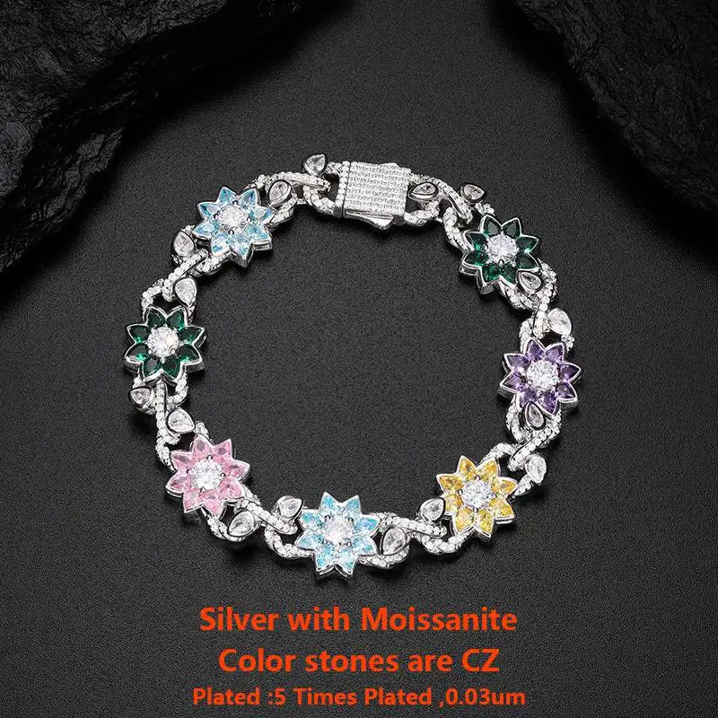 New Arrival Iced Out Moissanite Chains Necklace For Man Women Hip Hop S925 Silver Jewelry Colorful Flower Bracelets 18k Plated