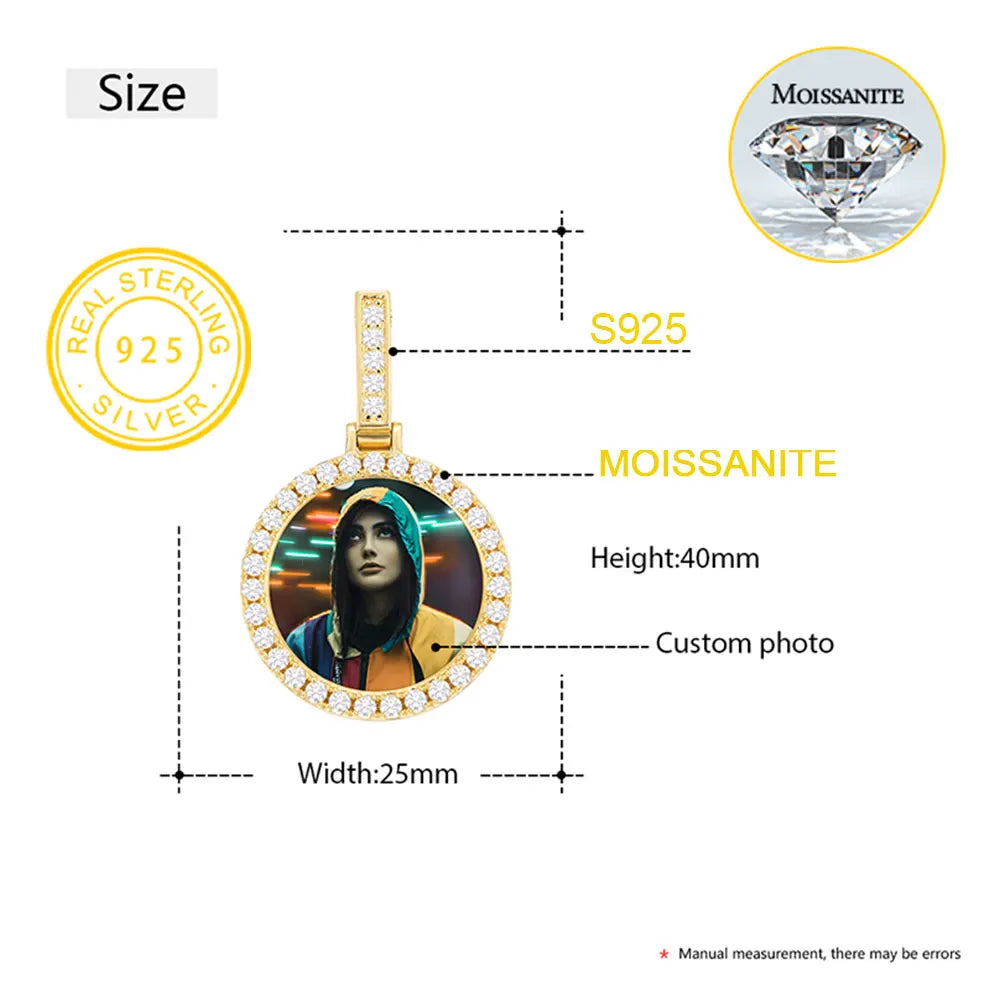 Fine Jewelry Round Memory Medallions Moissanite Custom Photo Pendant Necklace For Men Hip Hop Jewelry 925 Sterling Silver