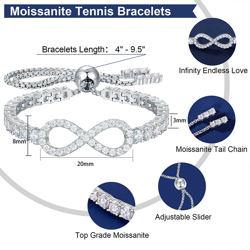 New 3mm Moissanite GRA  Infinity Tennis Bracelet for Women S925 Sterling Silver Adjustable Bracelets Wedding Party Jewelry Gifts