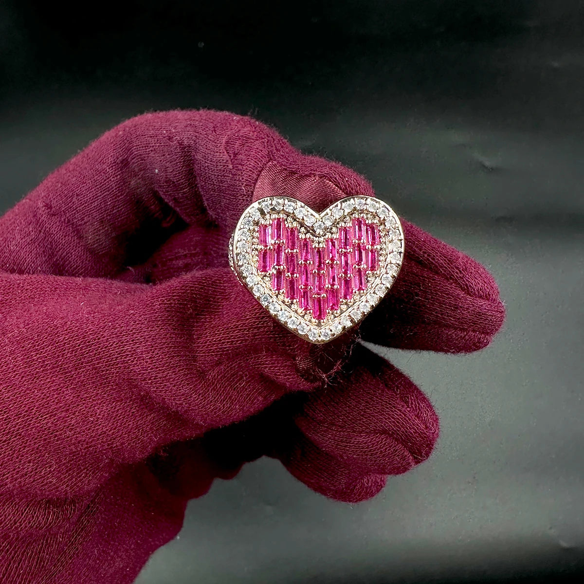 Aokaishen New Baguette Heart Ring for Women Pink Stones Glossy Girls Rose Gold Plated Hip Hop Jewelry