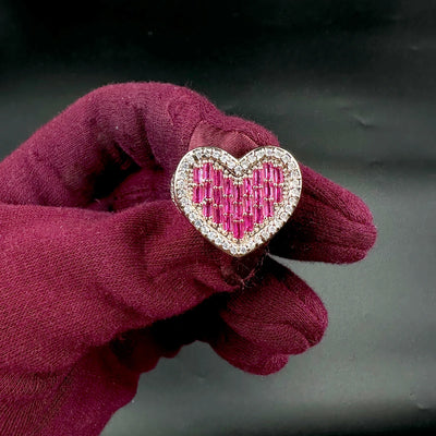 Aokaishen New Baguette Heart Ring for Women Pink Stones Glossy Girls Rose Gold Plated Hip Hop Jewelry