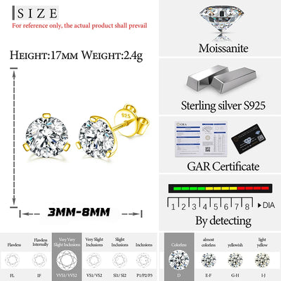 TUHE Moissanite Stud Earrings For Women Men 0.2-8 Carats Lab Created Diamond Screw Back Moissanite Earrings Silver Gift