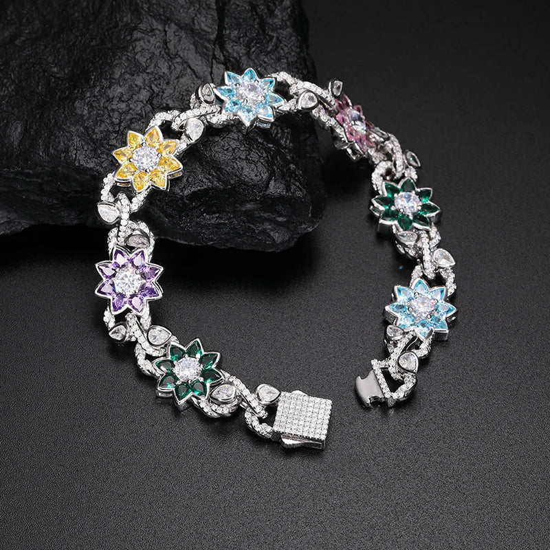 New Arrival Iced Out Moissanite Chains Necklace For Man Women Hip Hop S925 Silver Jewelry Colorful Flower Bracelets 18k Plated