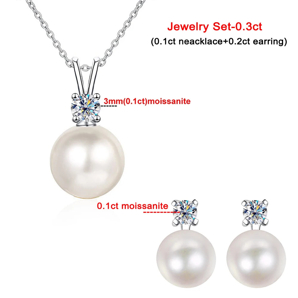 8mm Freshwater Pearl Pendant 0.2/0.9ct Moissanite Jewelry Sets D Color Wedding Jewelry S925 Silver Necklaces Earrings For Women