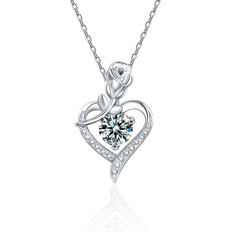 Rose Heart Pendant Necklace for Women 1CT Moissanite S925 Sterling Silver Wedding Anniversary Birthday Engagements Fine Jewelry