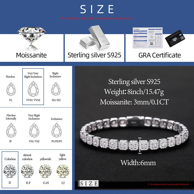 6mm Moissanite Tennis Bracelet Chain for Women Man GRA Diamond Original 925 Sterling Silver Link Bracelets Wedding Party Jewelry