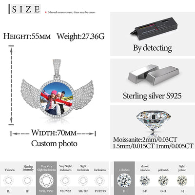 Fine Jewelry Round Memory Medallions Moissanite Custom Photo Pendant Necklace For Men Hip Hop Jewelry 925 Sterling Silver