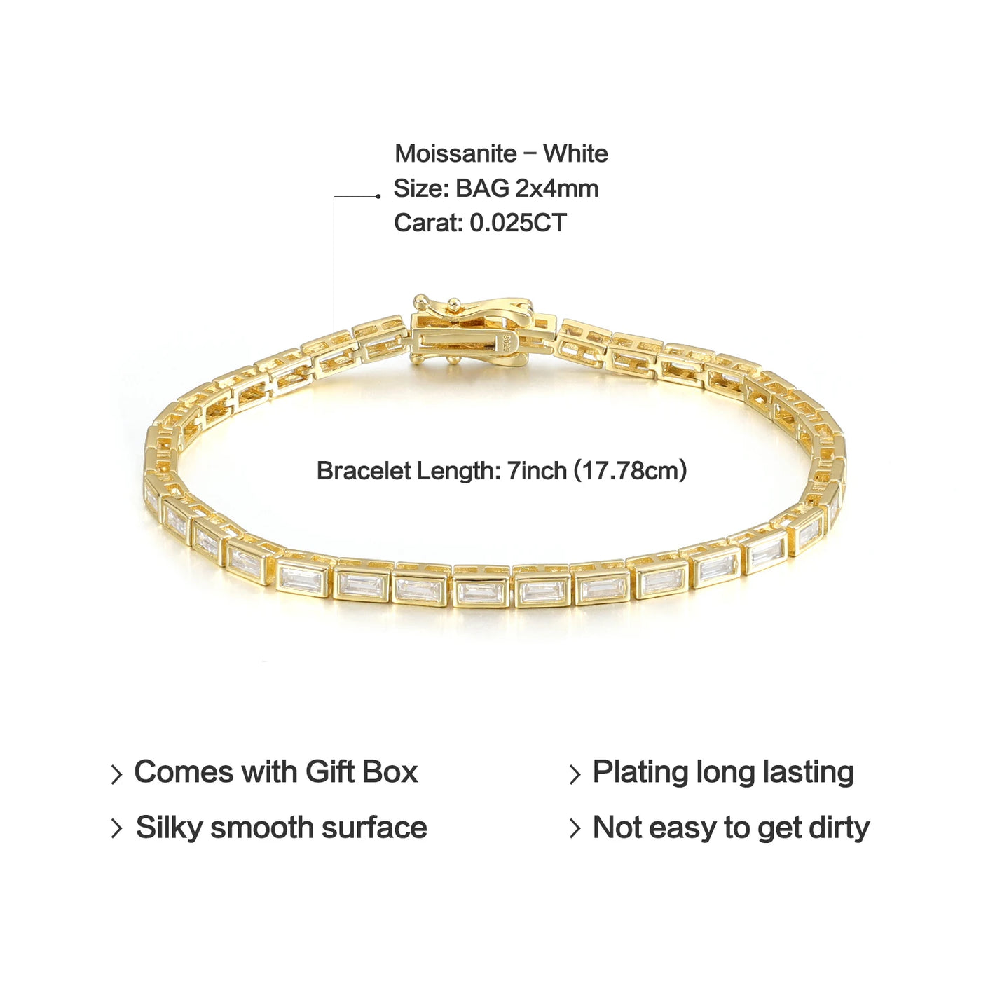 GEM'S BALLET Baguette Cut 2x4mm Eternity Bezel Moissanite Tennis Bracelet 925 Sterling Silver 14K Gold Bracelet Gift for Her