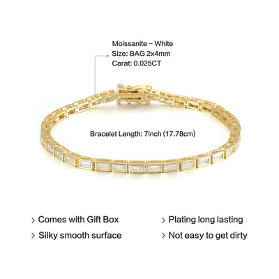 GEM'S BALLET Baguette Cut 2x4mm Eternity Bezel Moissanite Tennis Bracelet 925 Sterling Silver 14K Gold Bracelet Gift for Her