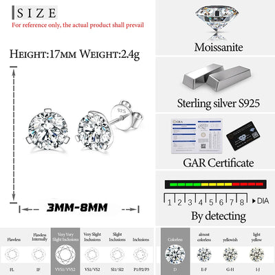 TUHE Moissanite Stud Earrings For Women Men 0.2-8 Carats Lab Created Diamond Screw Back Moissanite Earrings Silver Gift