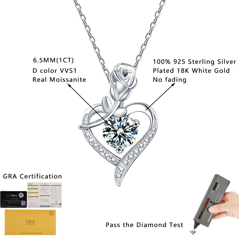Sterling silver moissanite pendant featuring a 1CT VVS1 real moissanite in a heart design