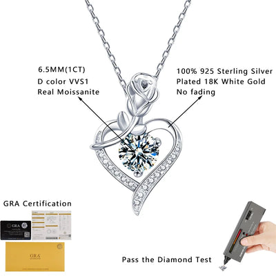 Sterling silver moissanite pendant featuring a 1CT VVS1 real moissanite in a heart design