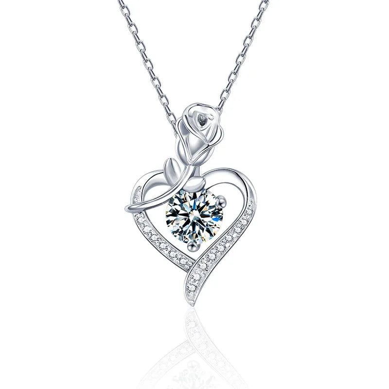 Beautiful sterling silver moissanite pendant with heart design and floral accents