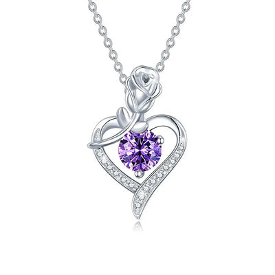Beautiful sterling silver moissanite pendant with a purple stone and rose detail, perfect for special occasions